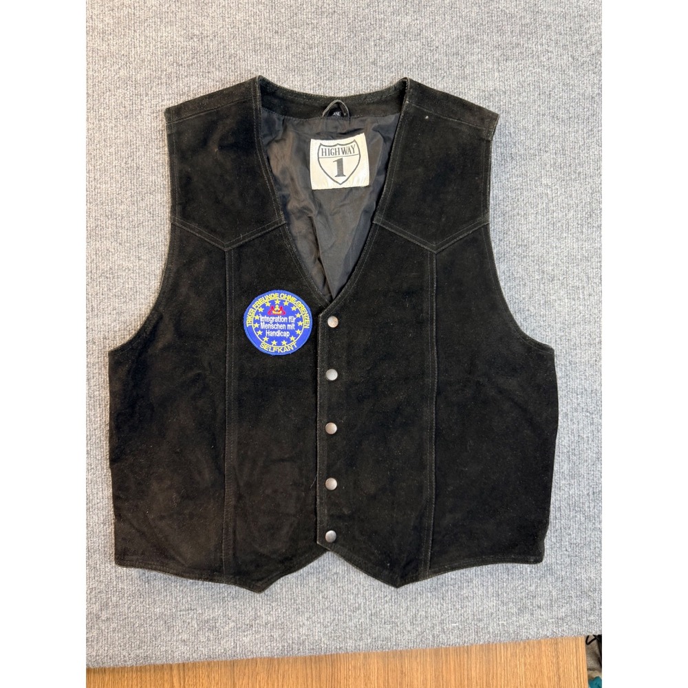Highway 1 Mens XXL Black Suede Leather Biker Vest Motorcycle Snap Front Patch